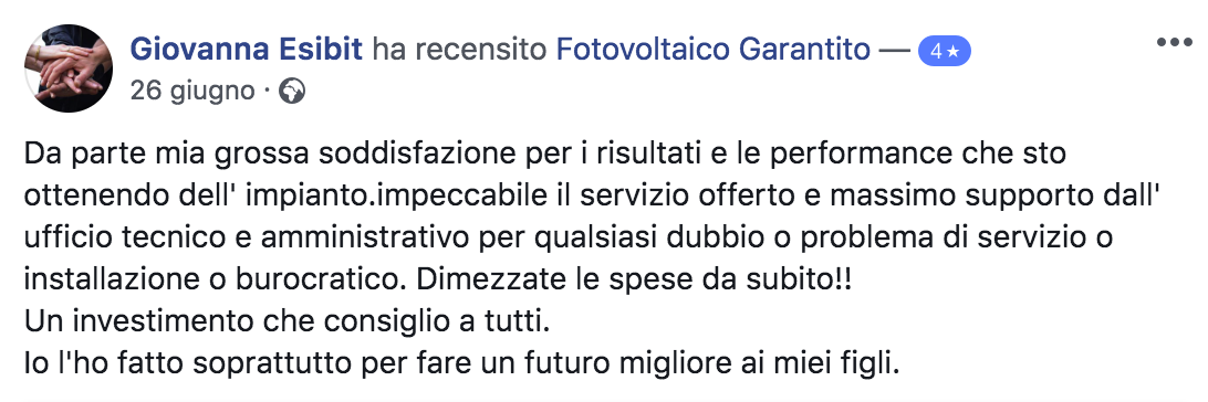 Testimonianza Giovanna Esibit Fotovoltaico Garantito Testimonianza Giovanna Esibit Fotovoltaico Garantito